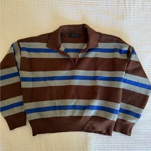 Zara Knit Striped Brown Pullover Collar Sweater with Blue and Gray Stripes